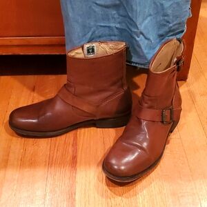 FRYE ankle boots w/ back zipper, decorative buckle